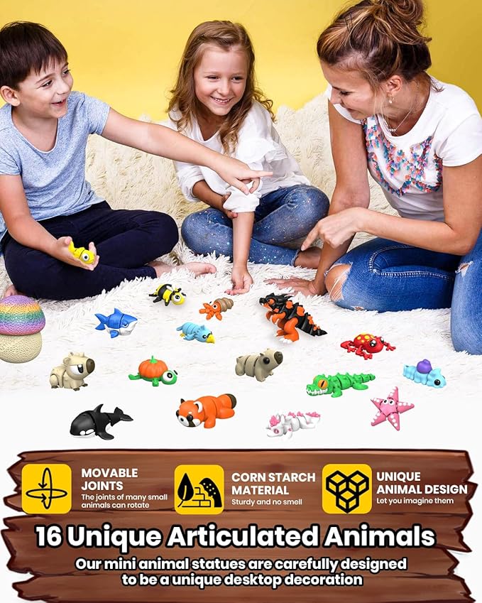 11PCS 1.6-2.6in 3D Printed Animal Figurines Set with Mushroom Container - 16 Unique Articulated Animals, Fidget Toys for Stress Relief, Party Favors, Desk Decor & Gifts for Kids & Adults (11PCS Brown)