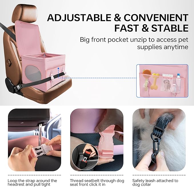 Dog Booster Car Seat with Washable Removable Cover for Small Dogs up to 13 lbs,Fits Car Truck SUV.(Pink)
