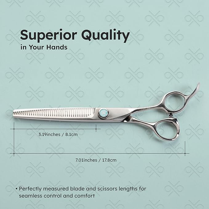 7” Dog Grooming Scissors – VG10 Japanese Steel Professional Pet Thinning Shears for Cats & Dogs | Clean Cut & Precise Trimming | Lightweight, Ergonomic, Handcrafted | Thinning Rate 50% | K9 Shears