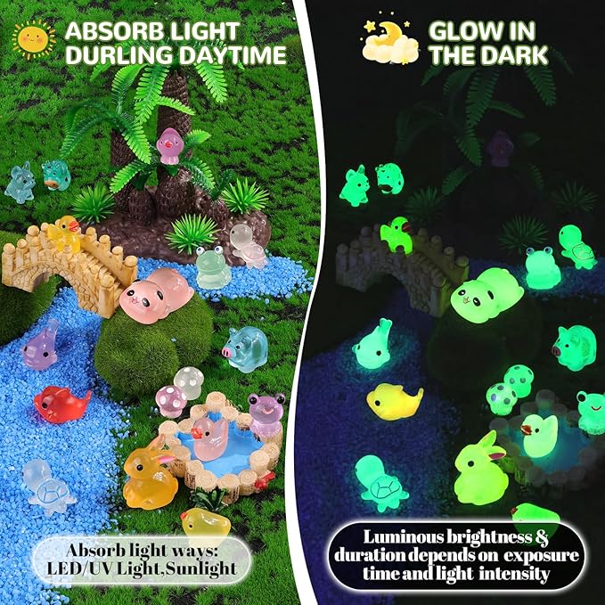 110PCS Mini Resin Animals Miniature Figures to Hide,Tiny Cute Figurines Glow in Dark, Little Animal Toys Small Accessories for Topper Desk Garden Dollhouse Landscape Aquarium Ornaments Crafts & Decor