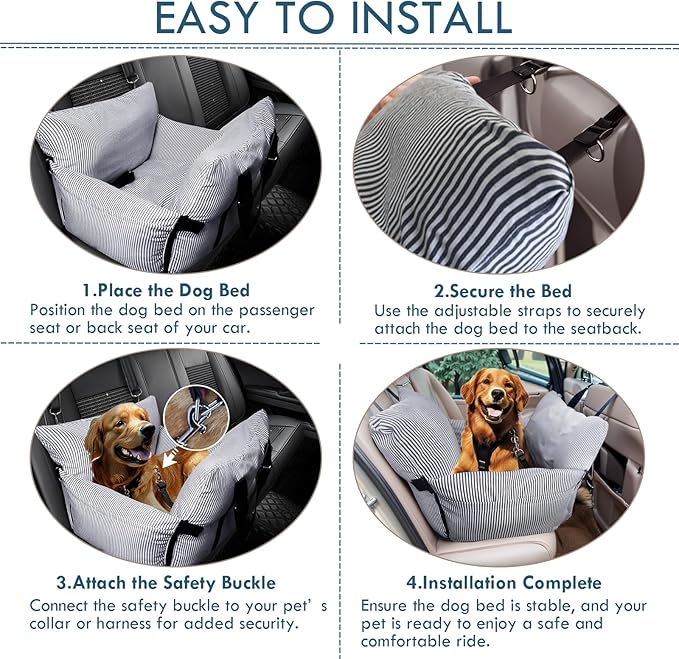 Dog Car Seat for Small/Medium Dogs Under 40 lbs - Elevated Pet Seat with Safety Belt, Non-Slip Base, and Storage Pockets for Car Travel (Navy, 30 x 20.5 inch)