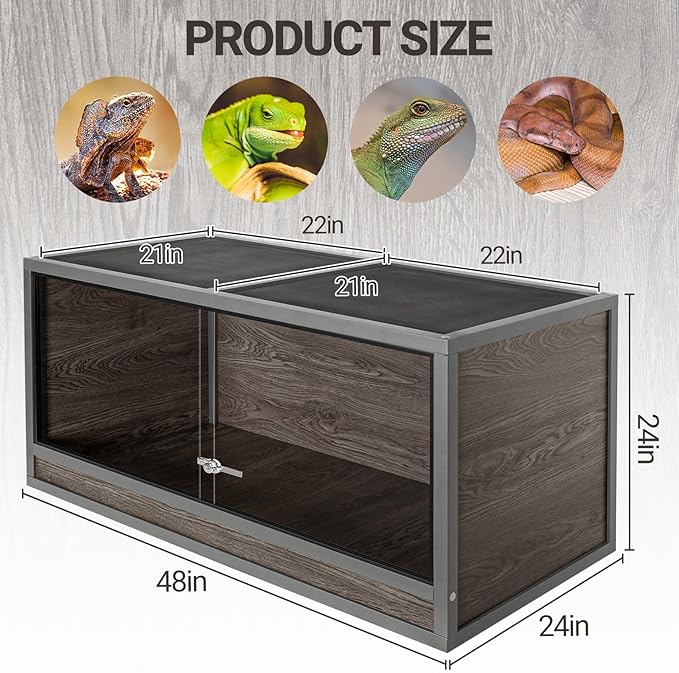 120 Gallon Reptile Tank, 48 x 24 x 24 Wooden Reptile Terrarium with Sliding Door & Top Screen Ventilation, Suitable for Bearded Dragon Ball Python Gecko Lizard, Better Insulation