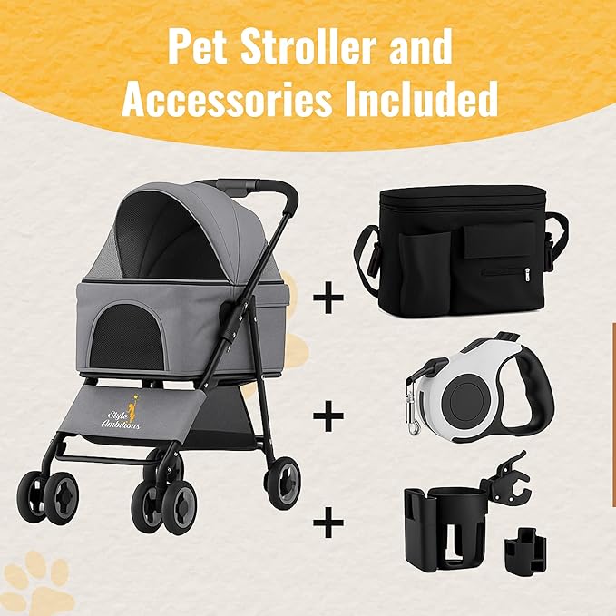 3 in 1 Pet Stroller - Foldable Dog Stroller & Pet Carrier - Included with Storage Bag, Cup Holder & Pet Leach - Cat Carrier with Detachable Basket & Breathable Canopy (Grey)