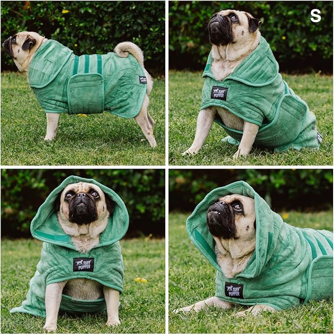 Tuff Pupper Fast Drying Dog Bath Robe | 800 GSM Plush Dog Towel Bathrobe/Dressing Gown | Super Absorbent Pet/Puppy Bathrobe | Adjustable Hood & Belly Strap | Super Soft | Fast Drying (S, Green)