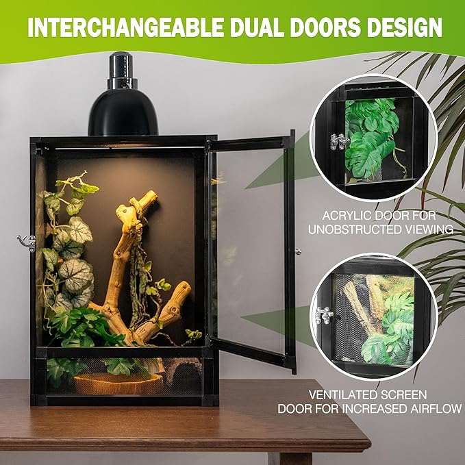 12"x12"x18" Reptile Terrarium, Hybrid Cage PVC Habitat Enclosure with Screen & Acrylic Doors, Ventilated Tank for Gecko,Chameleon, Snake, Frog, Easy Assembly, Front Dual Access