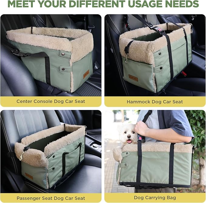 Center Console Dog Car Seat for Small Dogs,PU Leather Small Dog Car Booster Seat,Washable Foldable with Safe Protection Hooks Adjustable Straps and Storage Pocket Pet Up to 15lbs-Green