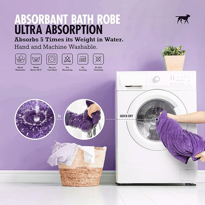 Tuff Pupper Fast Drying Dog Bath Robe | 800 GSM Plush Dog Towel Bathrobe/Dressing Gown | Super Absorbent Pet/Puppy Bathrobe | Adjustable Hood & Belly Strap | Super Soft | Fast Drying (L, Purple)
