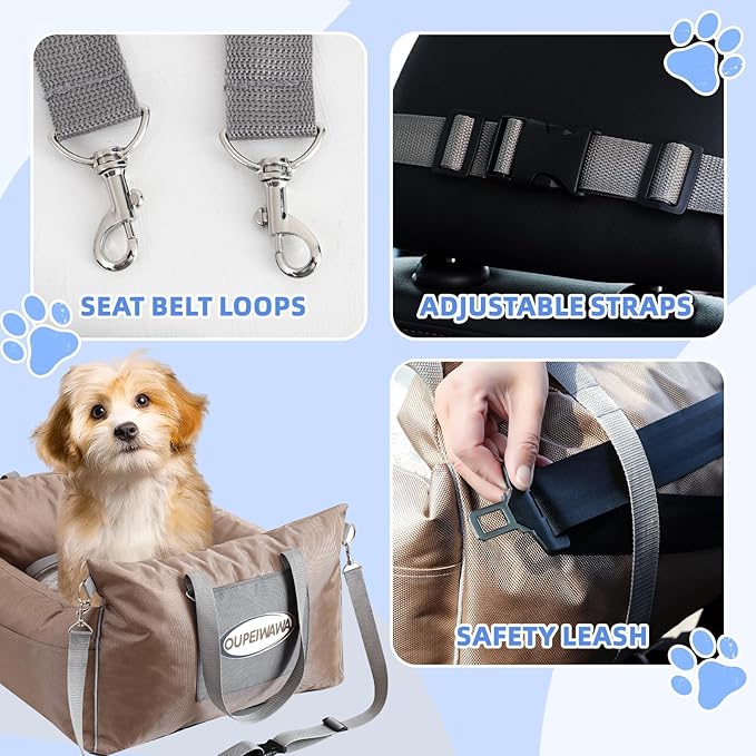 Dog Car Seats for Small & Medium Dogs, Waterproof Dog Booster Seat with Storage Pockets Soft Travel Bed with Clip-On Safety Leash and Secure Straps Puppy Travel Carrier Bed, Light Brown