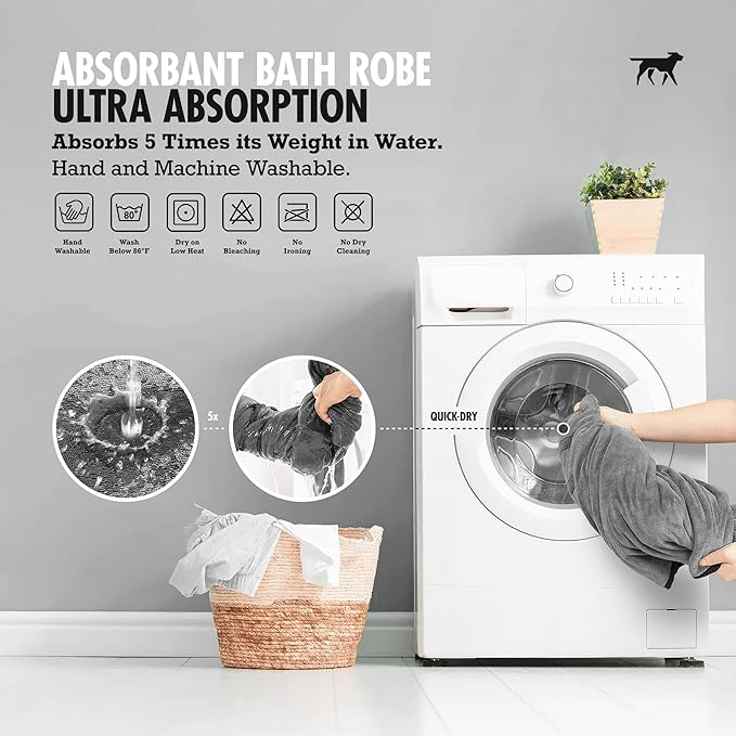 Tuff Pupper Fast Drying Dog Bath Robe | 800 GSM Plush Dog Towel Bathrobe/Dressing Gown | Super Absorbent Pet/Puppy Bathrobe | Adjustable Hood & Belly Strap | Super Soft | Fast Drying (M, Gray)