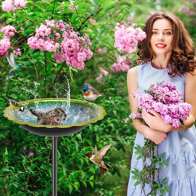38In Bird Bath for Outside, Metal Birdbath Bowl Decorated Metal with 5 Prong Base Stand Outdoor Bird Baths Bird Feeder Garden Decor Yard Art (Blue-Green)