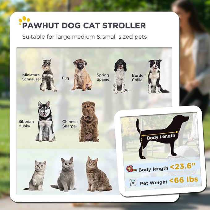 PawHut Dog Stroller for Large Medium Small Dogs up to 66 Lbs. 23.5" in Body Length, One-Click Foldable Pet Cat Stroller with Storage, Shock Absorption Wheels, Mesh Window, Safety Leash, Red