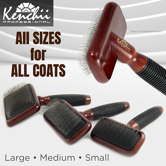 Kenchii Slicker Brush for Dogs, Professional Dog Grooming Brush for Loose Fur, Tangles, Long Short Haired, Stainless Steel Pins, Maplewood Handle, Large