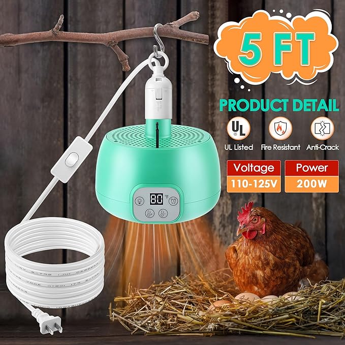 1 Pack Chicken Coop Heater, Timing Chicken Heat Lamp, Smart Temperature Control Chick Brooder Heater, 5 ft Ultra Long Cable Reptile Heating Lamp for Poultry Chick Reptile Pet Dog Cats