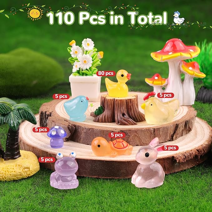 110PCS Mini Resin Animals Tiny Cute Figurines Glow in Dark, Miniature Figures to Hide, Little Animal Toys Small Accessories for Topper Desk Garden Dollhouse Landscape Aquarium Ornaments Crafts & Decor