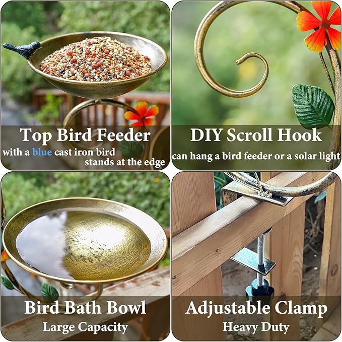Deck Bird Bath and Feeder, Metal Decorative Bird Bath for Deck Railing, Detachable Balcony Bird Baths, Antique Gold Birdbath with Adjustable Clamp for Outdoors Patio Porch Garden Rail Mount