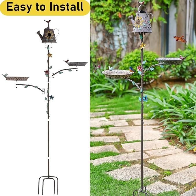 Bird Baths and Bird Houses with Pole, 67.9" H Metal Bird House Stake, Standing Bird Feeder and Bath Combo, Birdhouses for Outdoors, Tall Bird Bath with 4-Prong Stake for Outside Garden Decor