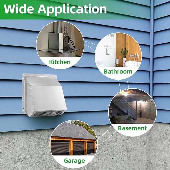12 Inch Hooded Wall Vent with Screen and Damper,Outdoor Wall Exhaust Vent Cover Cap for Exterior HVAC Duct Industrial Facilities Kitchen Range Hood Dryer Ventilation and Air Exhaust,Stainless Steel