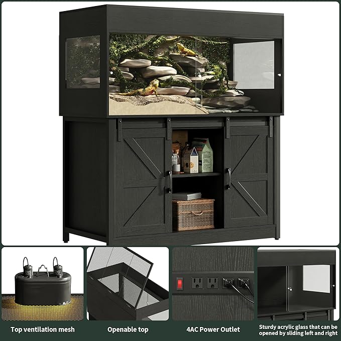 120 Gallon Reptile Terrarium with Stand, 4x2x2 Bearded Dragon Enclosure for Snakes Lizards, Large Vivarium Tank with Storage Cabinet, Acrylic Doors, Mesh Lid, Power Outlet Black PX04RTBB
