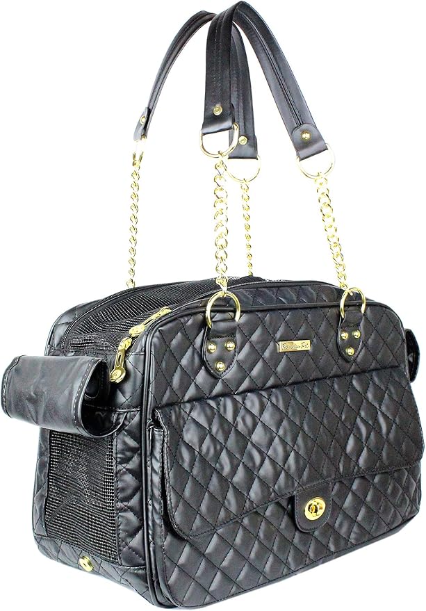 Parisian Pet Dog Purse - Fashion Pet Carrier for Small & Medium Dogs - Breathable, Black, Golden Chain Puppy Carrier Handbag