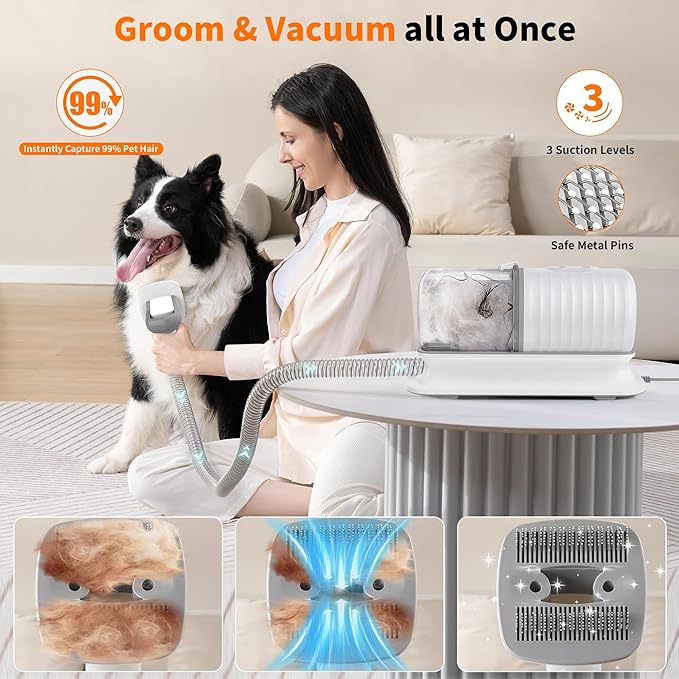 Dog Grooming Vacuum Kit, Pet Grooming Vacuum with Electric Dog Hair Clipper, Grooming Brush, Cleaning and Crevice Tool with 1.5L Dust Cup 5 Grooming Tools for Shedding Pet Hair, Home Cleaning