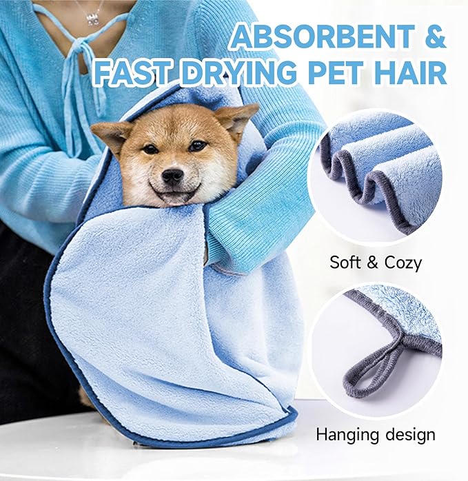 Dog Towels for Drying Dogs Small Medium Large, 2 Pack Dog Cat Drying Bath Towel 30.3"x13.8" with Hand Pocket,Absorbent Pet Towel for Dog Cat Blue
