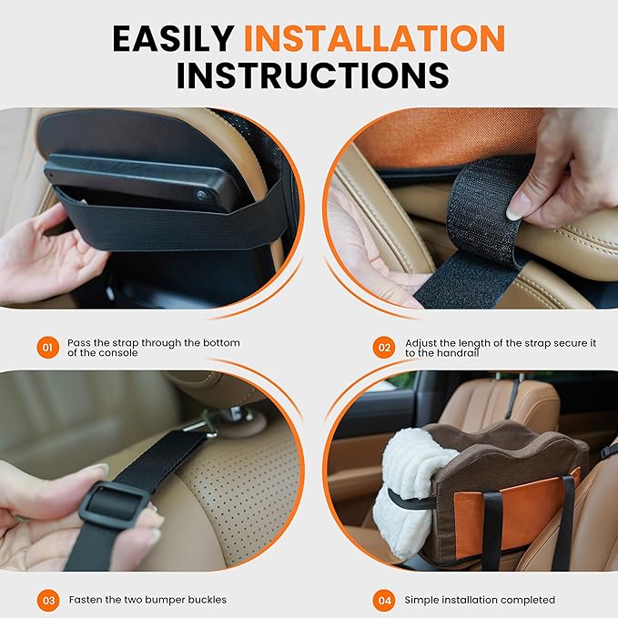 Center Console Dog Car Seat for Small Dogs with Bunny Fleece, Anti-Slip Booster Car Seat with Collar Hook, Triple Protection, Portable Washable, for Pets Up to 13.5lbs (Brown-Orange)