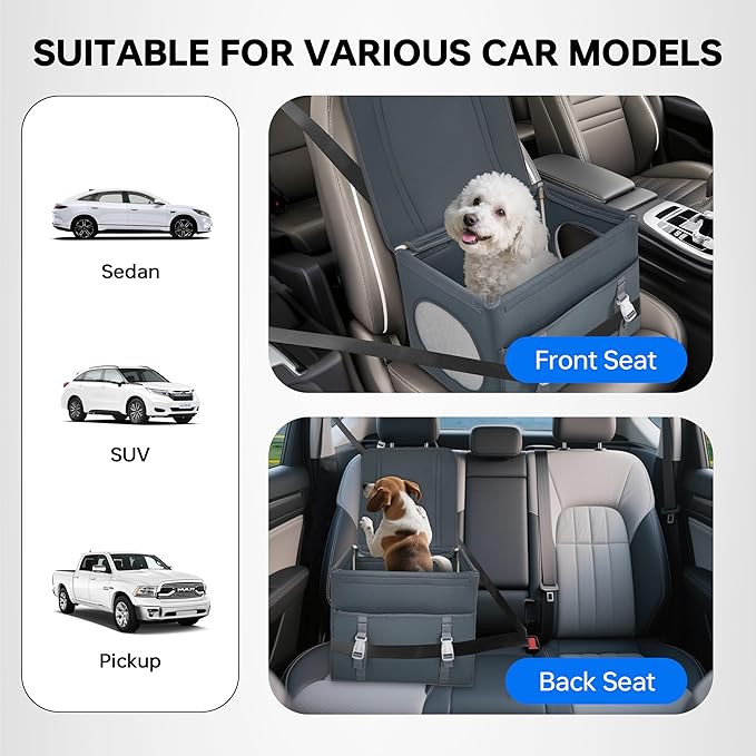 Dog Booster Car Seat with Washable Removable Cover for Small Dogs up to 13 lbs,Fits Car Truck SUV.(Dark Grey)
