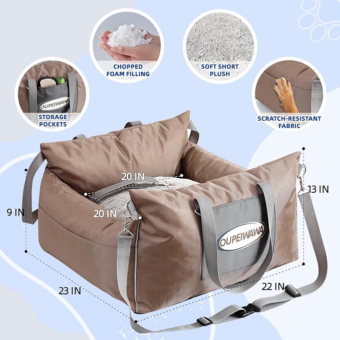 Dog Car Seats for Small & Medium Dogs, Waterproof Dog Booster Seat with Storage Pockets Soft Travel Bed with Clip-On Safety Leash and Secure Straps Puppy Travel Carrier Bed, Light Brown