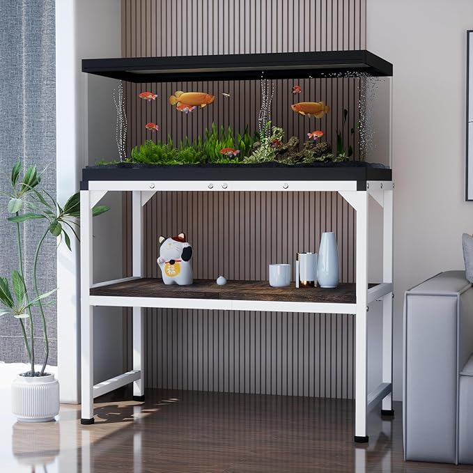 10-20 Gallon Fish Tank Stand, Metal Aquarium Stand with Adjustable Non-Slip Foot and Wooden Shelf, Reptile Tank Stand Easy to Assemble for Home Office, Firm and Steady(Tank not Included)