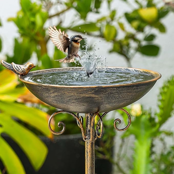 Diam 11.4" W*27.6" H Cast Iron Pedestal Bird Bath, Bird Baths for Outdoors, Seed Tray Garden Yard Decoration
