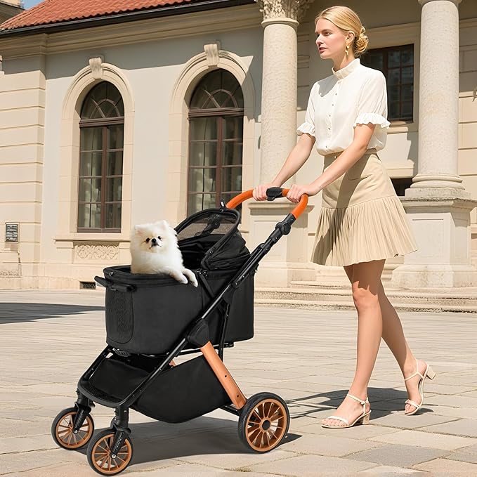 MAMIZO Foldable Dog Stroller for Medium Small Dogs Cats Up to 55 Lbs, Aluminum and Carbon Steel Frame Pet Stroller, Height-Adjustable Handle Puppy Strollers with Zipperless Design, Shock Absorbers