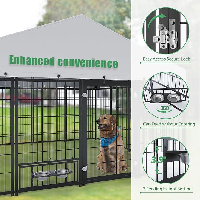 10x10ft Large Dog Kennel Outdoor with Roof, Covered Heavy Duty Dog Pen with Feeding Door, Steel Enclosure Fence with Dual Safety Locks, XL Outside Dog Cage for Large Dogs