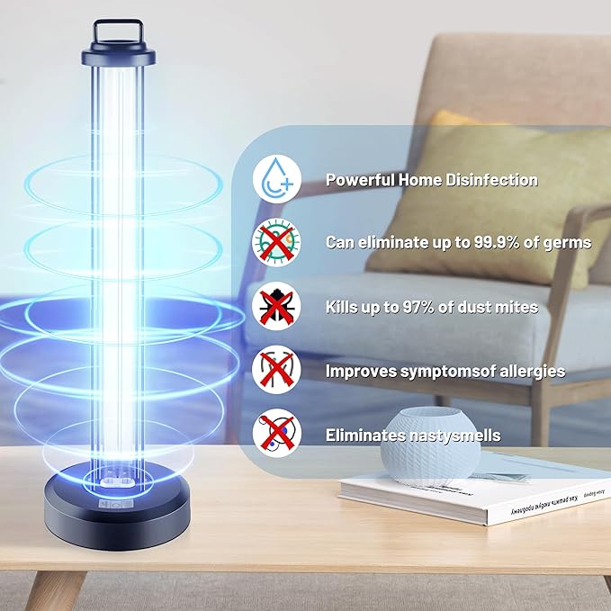 100W UV Sanitizer Light, Portable Ultraviolet Light with 3-Gear Timer, 110V, 99.99% UVC Ozone Free UV Lamp for Home, Office, Hotel, School