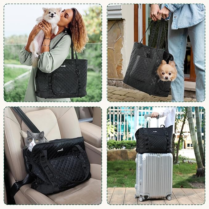 Pecute Dog Purse Carrier, Dog Carrier with Pockets for Small Dogs, Fits Dogs 5.5 lbs to 11 lbs, Cat and Puppies Tote Bag, Outing, Travel, Vet, Black