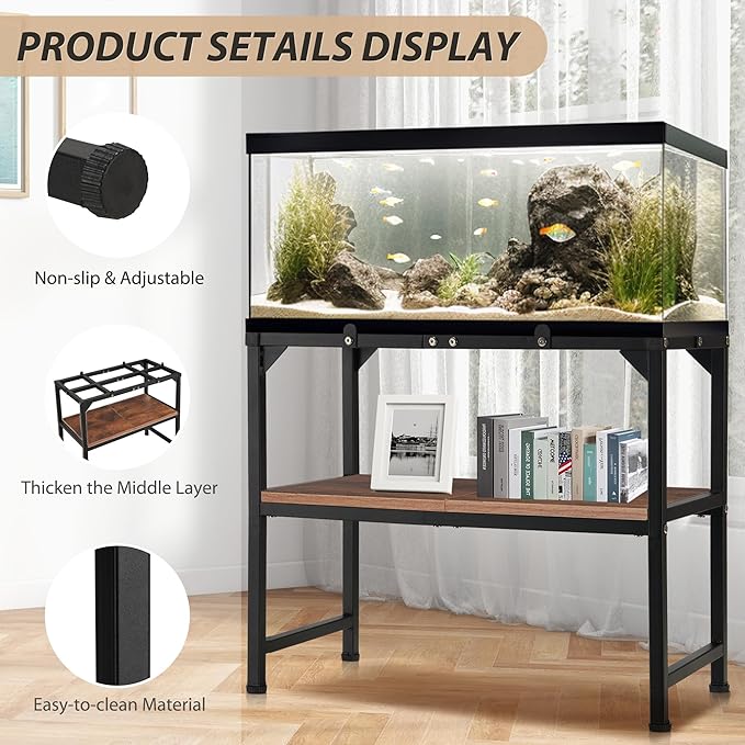 10-20 Gallon Fish Tank Stand, Metal Aquarium Stand with Adjustable Non-Slip Foot and Wooden Shelf, Reptile Tank Stand Easy to Assemble for Home Office, Firm and Steady(Tank not Included)