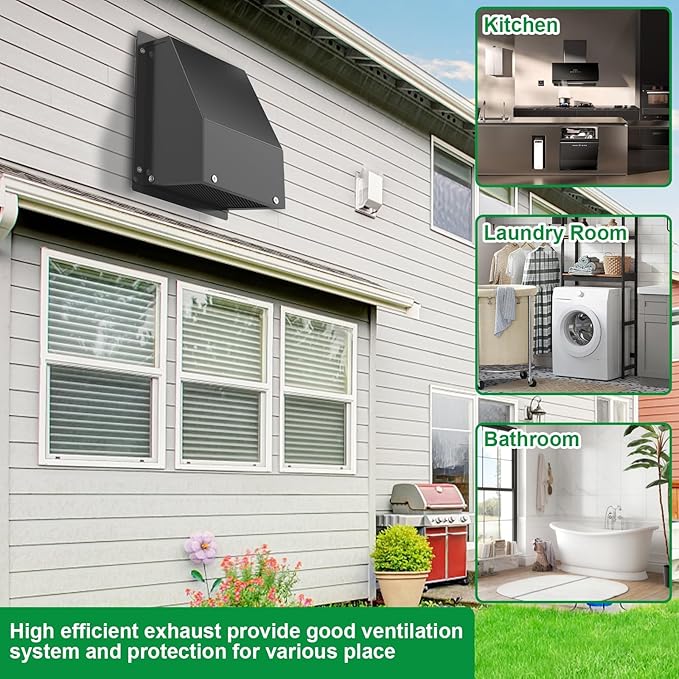 10 Inch Hooded Wall Vent with Screen and Damper, Outdoor Wall Exhaust Vent Cover Cap for Residential Housing Kitchen Rangeand Outside Air Exhaust, Galvanized Steel,Widely Applicable, Black