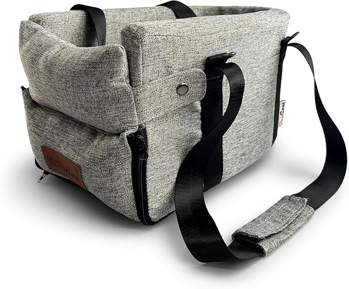 Center Console Dog Car Seat for Small Dogs and Puppies 5-13Lbs, Ideal Armrest Booster Car Travel Seat with Safety Protection Seat Belts, Storage Pockets - Reduces Anxiety (Woven - Grey)