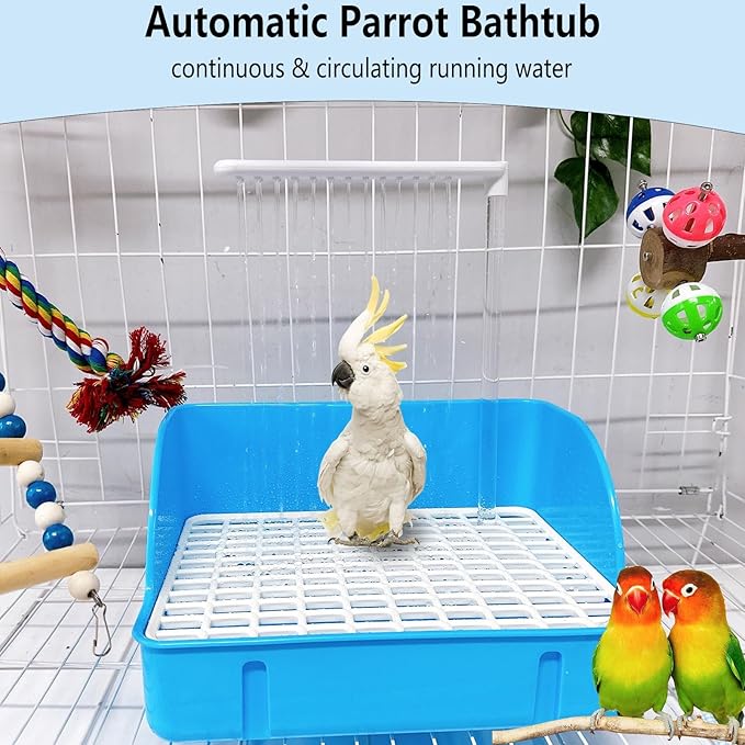 kathson Automatic Parrot Bathtub with Pump, Large Bird Shower Fountain, Parakeet Bath Tub for Medium Birds,Cockatiel,Cockatoo,Lovebird,African Grey,Conure, Budgie (Blue)