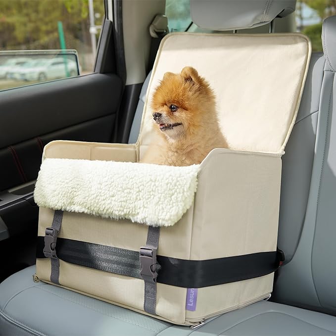 Lesure Dog Car Seat for Small Dogs, Foldable Pet Car Seat with Clip-On Safety Leash, Waterproof Puppy Booster Car Seat for Small Pets Under 25lbs, Portable Doggie Travel Carrier Bed, Light Ivory