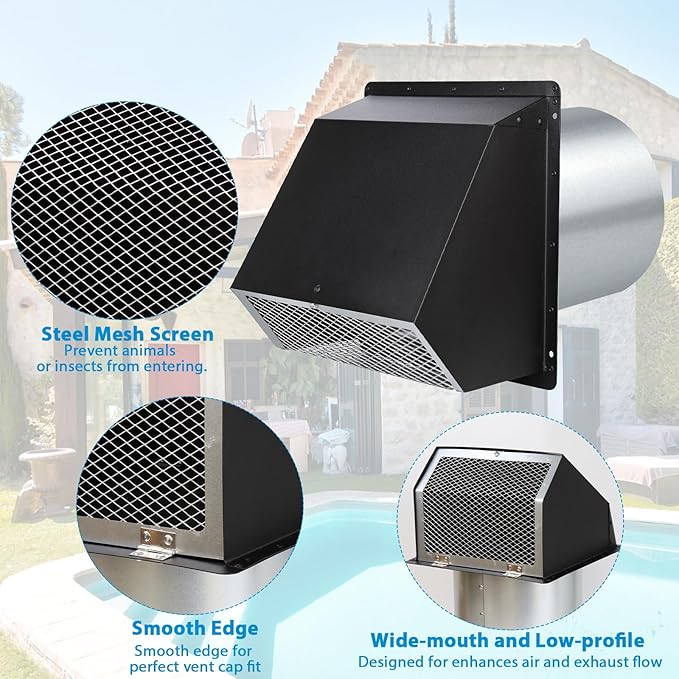 10" Hooded Wall Exhaust Vent Cover Outdoor Hooded Wall Vent with Screen and Damper,Outside Exhaust Dryer Vent Cover Exterior Wall Vent Cover for House Kitchen Range Hood Dryer,Black Hood Wall Vent Cap