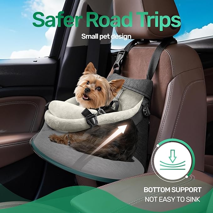 YUDODO Small Dog Car Seat Under 7lbs Luxury PU Leather Dog Booster Seat with Safety Belt, Soft Cushion, Can be Used as Pet Front Carrier Backpack Gray