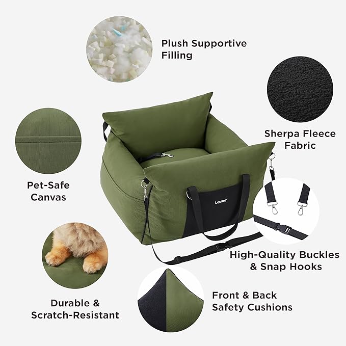 Lesure Small Dog Car Seat for Small Dogs - Waterproof Dog Booster Seat for Car with Storage Pockets and Clip-On Safety Leash and Thickened Memory Foam Filling, Pet Travel Carrier Bed Cypress Green