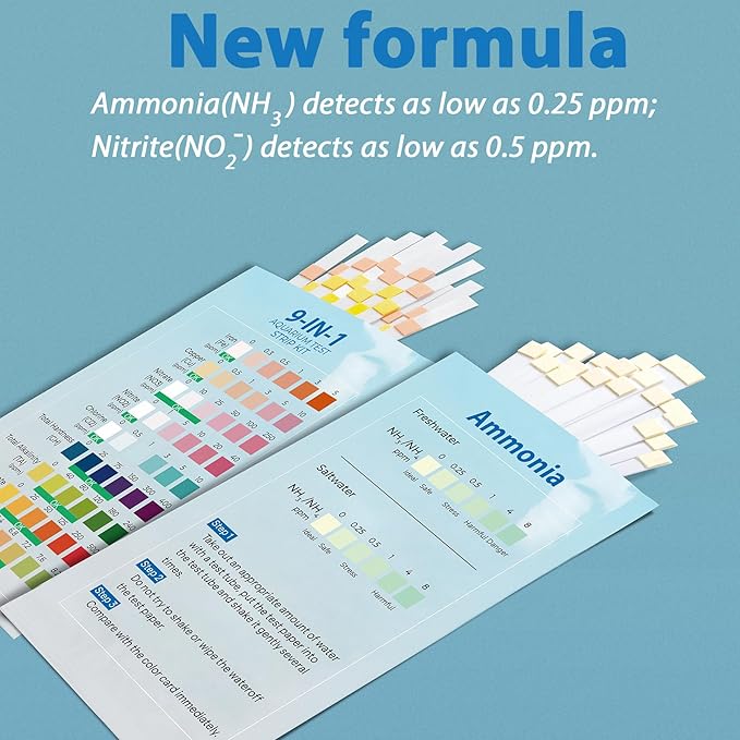 10-in-1 Aquarium Test Kit (50 Strips) 25 Multi-Test + 25 Ammonia | Ammonia Test kit Aquarium for Freshwater & Saltwater | Saltwater Test Strips for Fish Tanks, Ponds | Test Nitrate, pH & More.