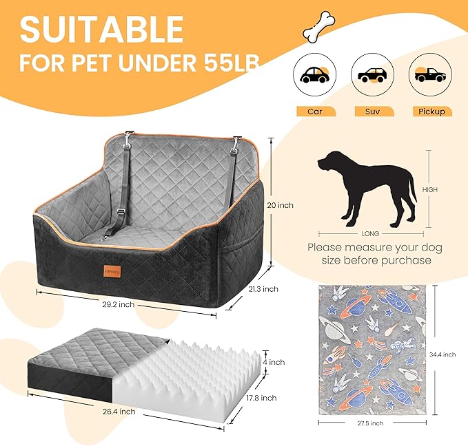 Dog Car Seat for Medium Dog, Booster Seat for Dogs Under 55lb, Elevated Pet Seat with Pocket, Anti-Slip Bed for Car, Perfect for Back Seat & Trunk with 2 Safety Leashes (Black/Grey, Large)