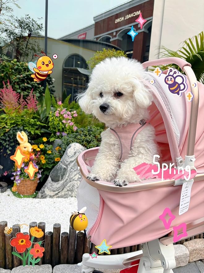 Pet Stroller for Small Medium Dogs Cats, Lightweight Foldable Ventilated Dog Cat Cart, Detachble Portable Pet Bag, Storage Basket, Car Seat 3 in 1 Multifunctional, Max Load 33 lbs (Pink)