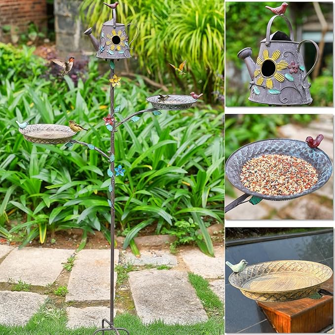 Bird Baths and Houses for Outside with Pole, 3-in-1 Bird Bath, House & Feeder with Metal Stake, 67.9" Tall Free Standing Birds Feeders Birdhouses for Outdoors with 4-Prong Stake