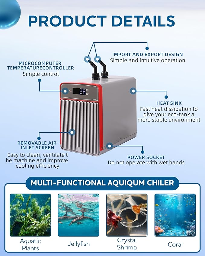 1/10 HP Aquarium Chiller– 42gal (160L). for Axolotls, Fish Tanks, hydroponics. Sea & Fresh Water Compatible. Includes Pump, nozzles & Hoops. Ideal for Coral & Shrimp.