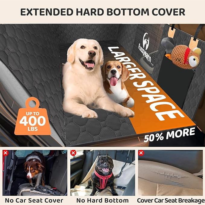 Leather Back Seat Extender for Dogs, Scratchproof and Waterproof Car Seat Cover with Hard Bottom(Holds 400lbs),Dog Hammock for Car, SUV and Truck (Black)
