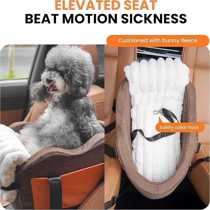 Center Console Dog Car Seat for Small Dogs with Bunny Fleece, Anti-Slip Booster Car Seat with Collar Hook, Triple Protection, Portable Washable, for Pets Up to 13.5lbs (Brown-Orange)