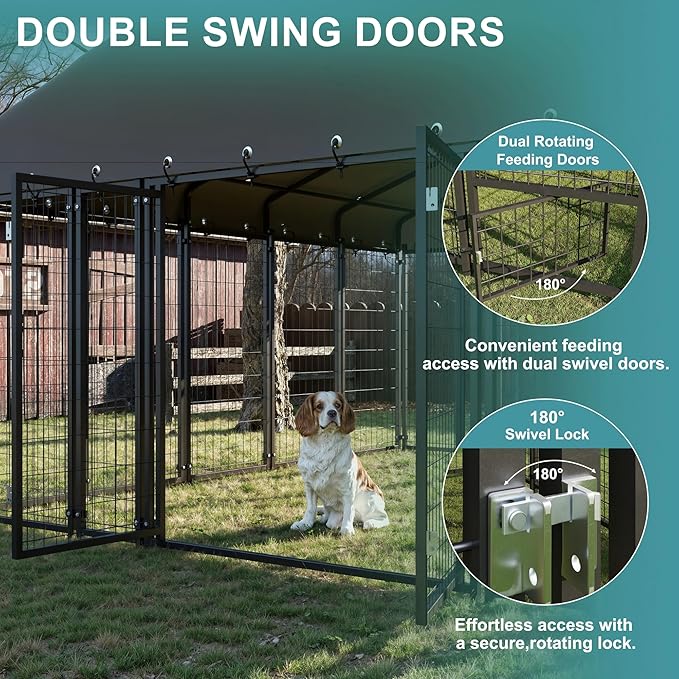 10 x 10 FT Large Outdoor Dog Kennel with Double Swing Doors, Heavy-Duty Dog Cage with Feeding Panel, Weatherproof Roof, Secure Fence Playpen for Large Dogs, Easy Assembly